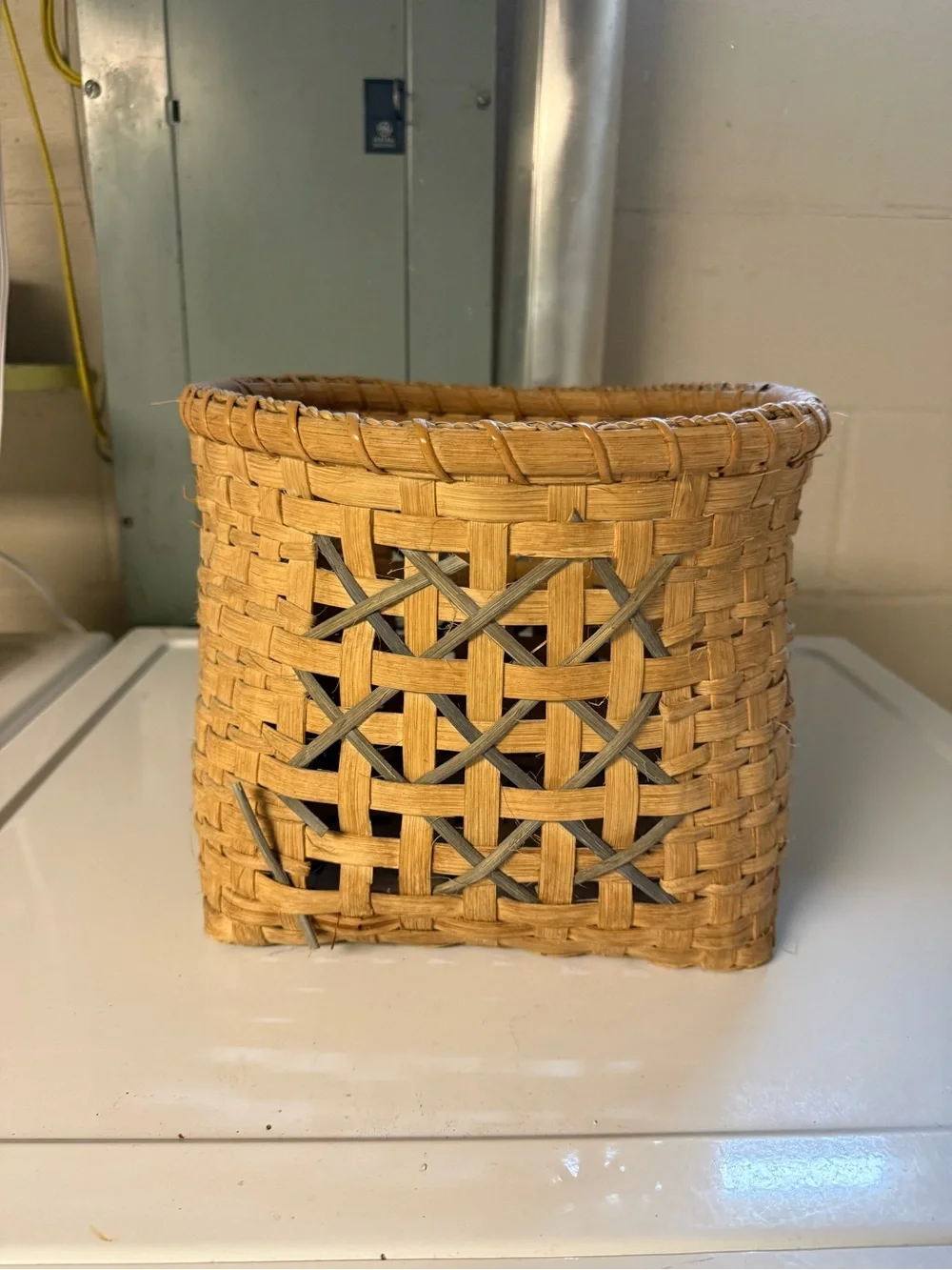 Hand Crafted Natural Woven Basket with Blue Weave Accent Country Rustic